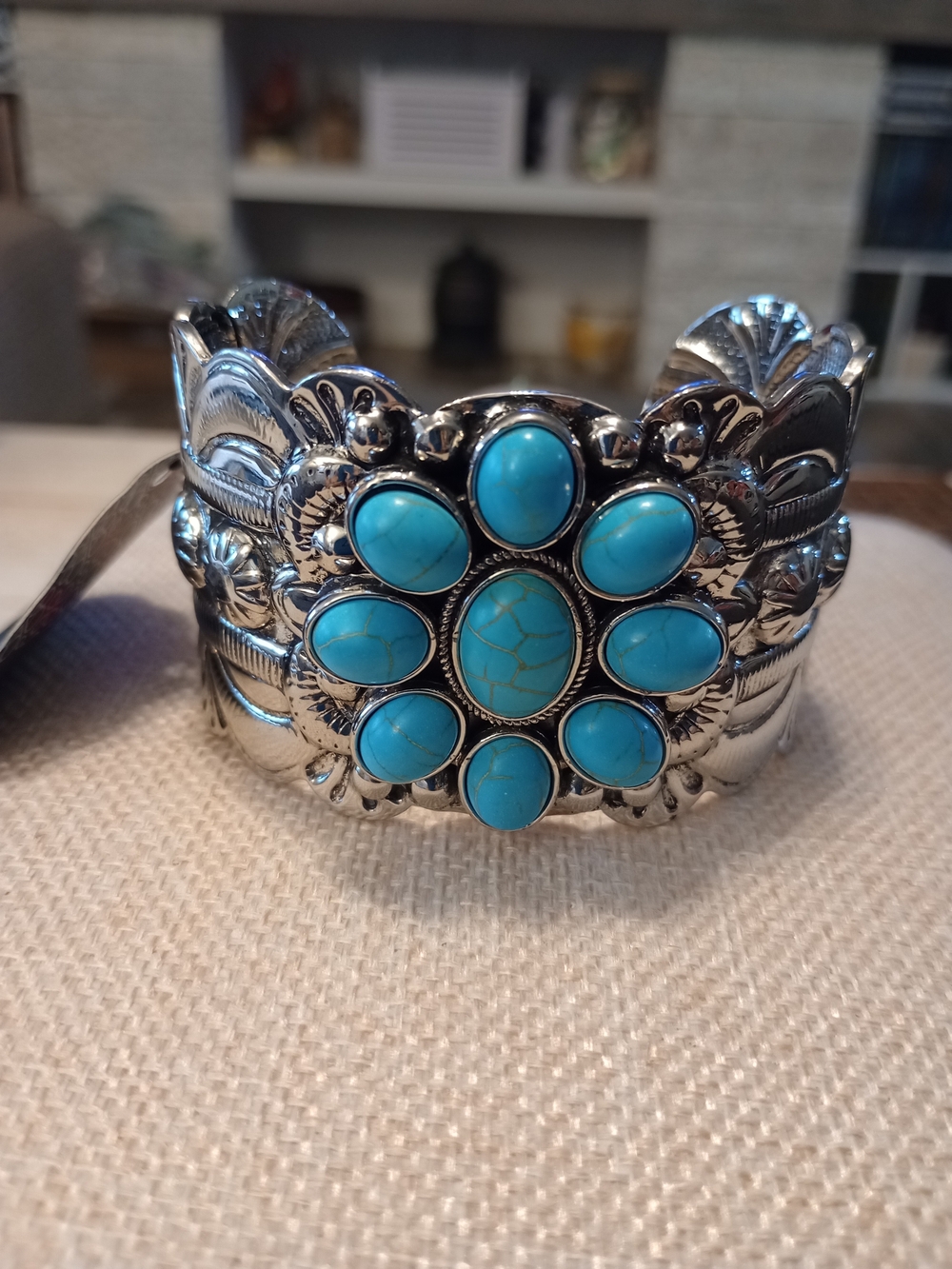 paparazzi Turquoise Floral Stone Silver Cuff Bracelet